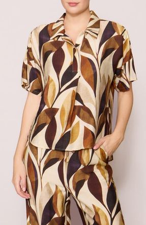 Melloday Easy Woven Pullover Shirt in Beige Multi Leaf at Nordstrom, Size X-Small