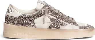 Golden Goose Distressed White Low-Top Sneakers with Silver Glitter Accents