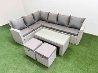 Fimous Outdoor 8 Seater Corner Sofa Sets with 2 Small Stools Light Grey Mixed
