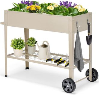 Costway Costway - Fioriera Rialzata Da Esterno, Fioriera In Metallo Con Ripiano Ruote Ganci E Impugnatura, Aiuola Rialzata Da Giardino, Balcone E Terrazza Per