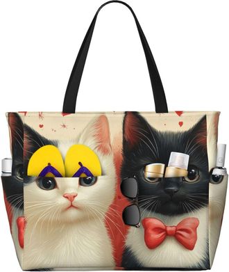 Generic Love Hearts Cats Print Large Beach Bag Foldable Travel Shoulder Tote Bag With Pocket For Weekender Pool Vacation