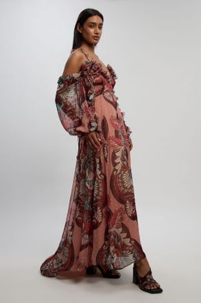 Karen Millen Womens Petite Metallic Thread Printed Cold Shoulder Woven Maxi Dress - Rust - Size 12 UK