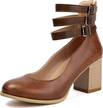 Generic Womens Round Toe PU Leather Vintage Shoes Chunky High Heel Dress Pumps Ankle Strap Office Shoes with Buckle,Brown,3.5 UK