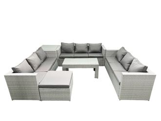 Fimous Rattan Garden Outdoor Furniture Set 10 Seater Garden Sofa Oblong Coffee Table Set with Big Footstool Side Table Light Grey Mixed