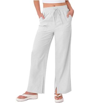 Generic Linen Trousers Womens Straight Leg Trousers Elasticated Waist Drawstring Cotton Palazzo Pants Ladies Casual Pants with Pockets Womens Holiday Clothes 