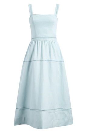 Reformation Everett Embroidered Linen Sundress in Aquamarine at Nordstrom, Size 10