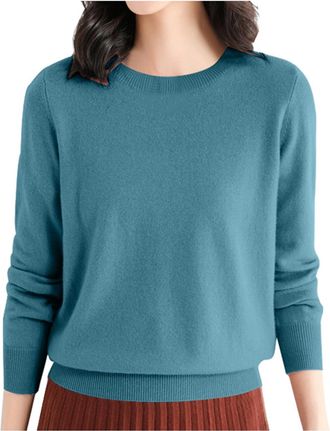 Generic Cashmere Jumpers Ladies Lightweight Plain Knitted Sweater Casual Fashion Pullover Long Sleeve Crewneck Loose Tops Sweaters for Women UK