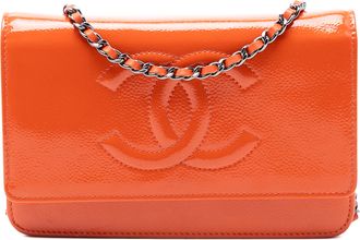 Chanel Pre-owned Womens Cc Patent Caviar Wallet On Chain - Orange Leather - One Size