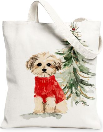 Generic Christmas Dog Canvas Tote Bags, Cute Animal Illustration Reusable Grocery Bags, Winter Fanciful Lightweight Washable Should, White, 13x15 Inch
