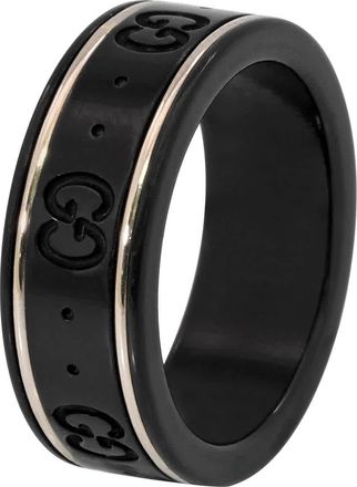 Gucci Black Synthetic Corundum And White Gold Icon Thin Band Ring, Size 17