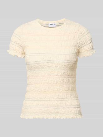 Jake*s Casual T-Shirt mit Smok-Details und Muschelsaum in Beige, Gr&ouml;&szlig;e XXL