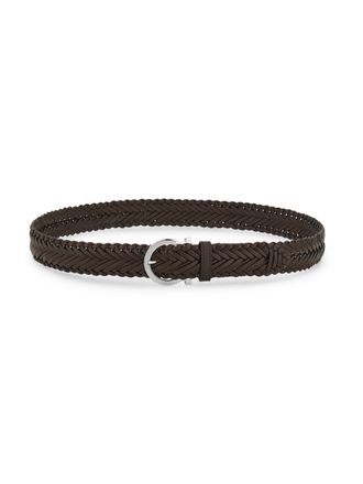 Ferragamo Braided Leather Belt with Rounded Silver Buckle