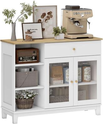 HOMCOM Homcom - Aparador 2 Puertas De Vidrio Estriado Aparador Para Sal&oacute;n Moderno Con Caj&oacute;n Compartimentos Abiertos Y Estantes Ajustables 100x35x80,3 Cm Blan