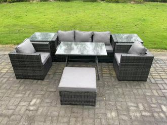 Fimous 6 Seater Rattan Outdoor Furniture Garden Dining Set with Oblong Dining Table 2 Side Tables Big Footstool in Dark Grey