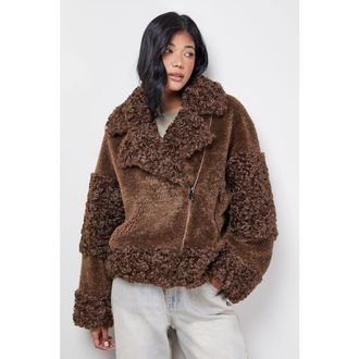 Warehouse Faux Fur Mix Zip Through Jacket in Chocolate at Nordstrom, Size 4