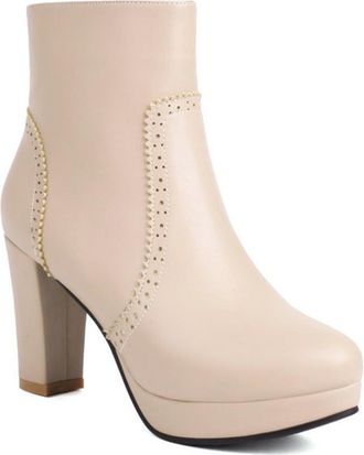 Generic Womens Block Heel Platform Round Toe Wingtip Brouge Ankle Boots with Side Zipper Warm Winter Plush Shoes (Apricot,5.5)