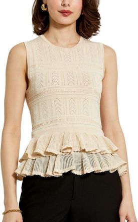 Mac Duggal Sleeveless High Neck Knit Top With Ruffle Hem in Oat at Nordstrom, Size Large