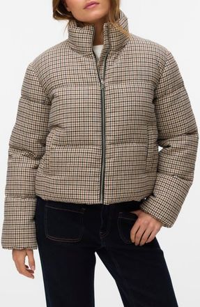 Vero Moda Lyon Short Houndstooth Puffer Jacket in Emperador at Nordstrom, Size X-Large