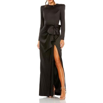 Mac Duggal Womens Long Sleeve Satin Structured Bow Draped Column Gown in Black at Nordstrom, Size 12