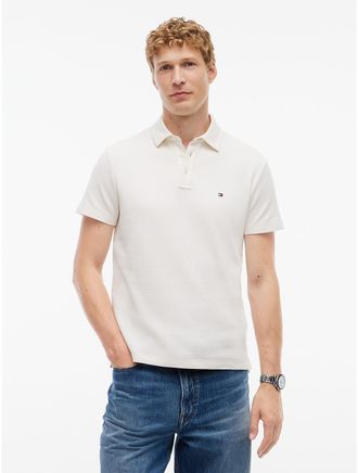 Tommy Hilfiger Mens Regular Fit Short-Sleeve Waffled Polo - Ivory Petal - XXL
