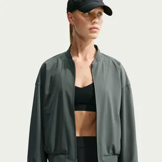 Nike Womens 24.7 PerfectStretch Dri-FIT UV Protection Oversized Bomber Jacket in Green | IO2405-303