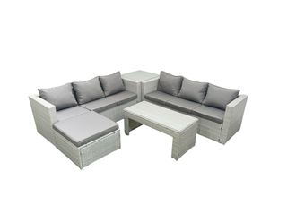 Fimous 7 Seater Garden Outdoor Rattan Furniture Set Rattan Garden Sofa Oblong Coffee Table with Big Footstool Side Table Light Grey Mixed