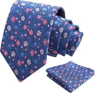 Alizeal Mens Floral Patterned Wedding Party Tie with Pocket Square 8cm Colorful Classic Business Tie Set, Navy Blue+Hot Pink