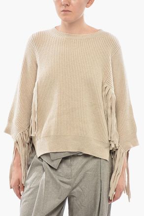 Stella McCartney Maglia in Cashmere a Costine con Maniche a 3/4 Sfrangiate Stella McCartney