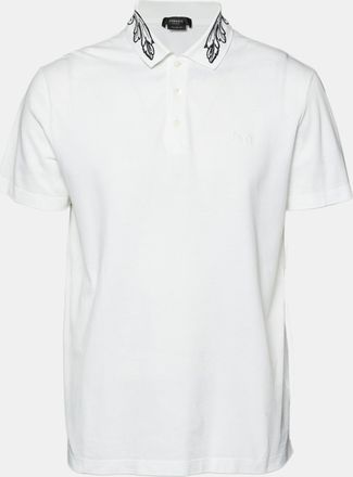 Versace White Floral Embroidered Collar Pique Polo T-Shirt