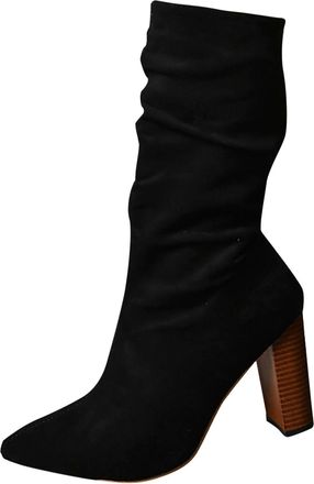 Generic Womens Mid Calf Boots Large Size Solid Color Pointed Thick Heels Comfortable Slip On High Heels(Black, 5.5)