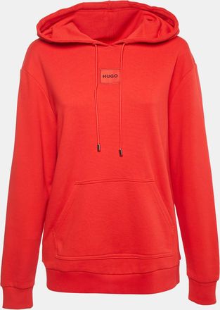 HUGO BOSS Red Logo Applique Cotton Knit Hooded Sweatshirt