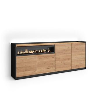 Skraut Home Aparador efecto madera roble y negro 207x37x80cm chimenea efecto fuego