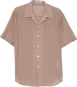 Auralee Airy Light Katoen Check Shirt met Halve Mouwen - Heren - Korte mouwen Overhemden - Beige - XL - Katoen - Overhemden