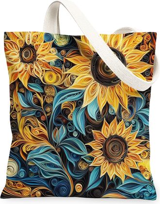 Generic Spring Quilting Paper Sunflower Flower Canvas Tote Bag for Shopping 13x15, Floral Wildflower Reusable Grocery Print Pattern Bag for Women, Garden Beac