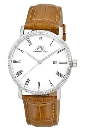 Porsamo Bleu Veritas 1 Croc Embossed Leather Strap Watch, 40mm in Silver/White at Nordstrom Rack