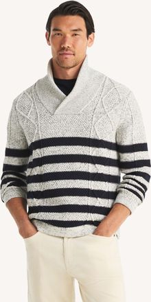 Nautica Mens Striped Shawl-Collar Cable Sweater