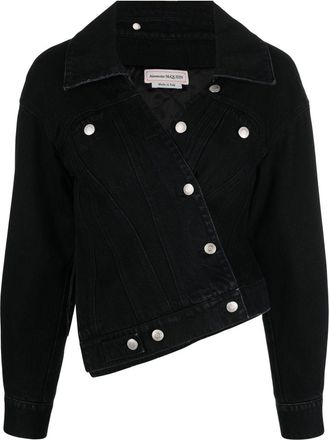 Alexander McQueen asymmetric denim jacket - women - Cotton/Polyester/Viscose - 40 - Black