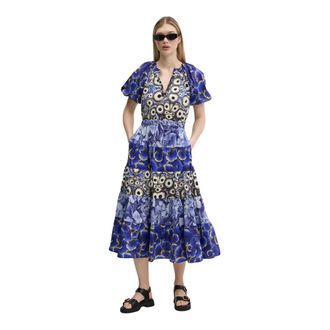 Desigual Cells Long Lacroix Jurk - Dames - Casual kleedjes - Blauw - XS - Katoen - Kleedjes