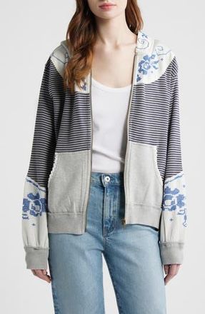 Free People Lydia Mixed Media Zip-Up Hooded Sweater in Grey Combo at Nordstrom Rack, Size X-Small