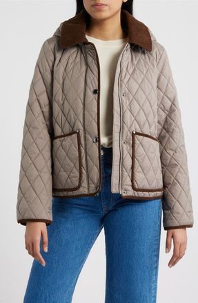 London Fog Water Resistant Corduroy Trim Quilted Coat in Khaki at Nordstrom, Size X-Small