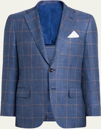 Kiton Mens Cashmere, Silk, and Linen Windowpane Sport Coat