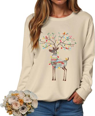Generic Christmas Sweatshirts Women Women Reindeer Graphic Print Jumper Chrtistmas Tree Graphic Print Jumper Plus Size Crew Neck Sweatshirts Holiday Pullover 