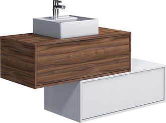 Vente-Unique Mueble de ba&ntilde;o flotante en color natural oscuro y blanco con lavabo individual y dos cajones - 94 cm - TEANA II