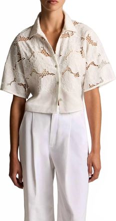 Vince Lace Cropped Short-Sleeve Shirt In Off White