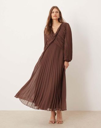 Asos Vestito midi a pieghe color cioccolato a portafoglio con dettaglio attorcigliato-Multicolore