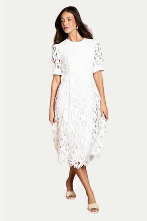 Coast Short Sleeve Lace Midi Dress in Ivory at Nordstrom, Size 14