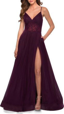 La Femme A Line Tulle Prom Dress with Sheer Bodice in Dark Berry at Nordstrom, Size 00