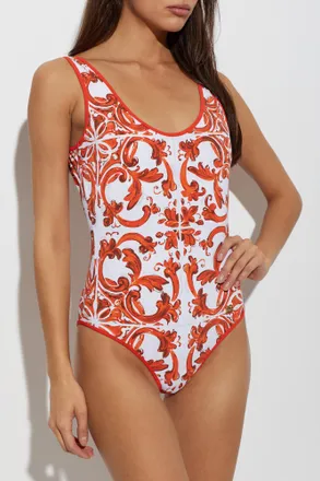 Dolce & Gabbana One-piece Swimsuit With Maiolica Print, Womens, Orange
