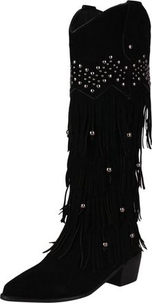 Generic Stylish Women Mid Calf Boots with Ornamental Tassel Design Pointed Toe Elevated Heel Comfort Footwear for Autumn Winter Seasons (Black, 5.5)