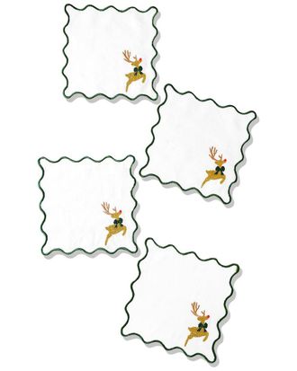 Tiramisu Set Of 4 Prancing Reindeer Embroidered Cocktail Napkins